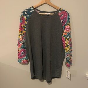 LuLaRoe Gray Top with Colorful Floral Sleeves